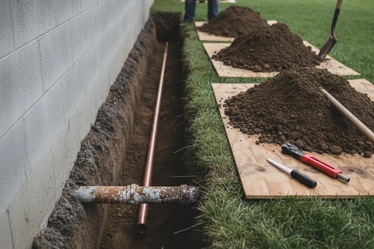 Excavated water line trench during Sewer Line Repair in Temperanceville